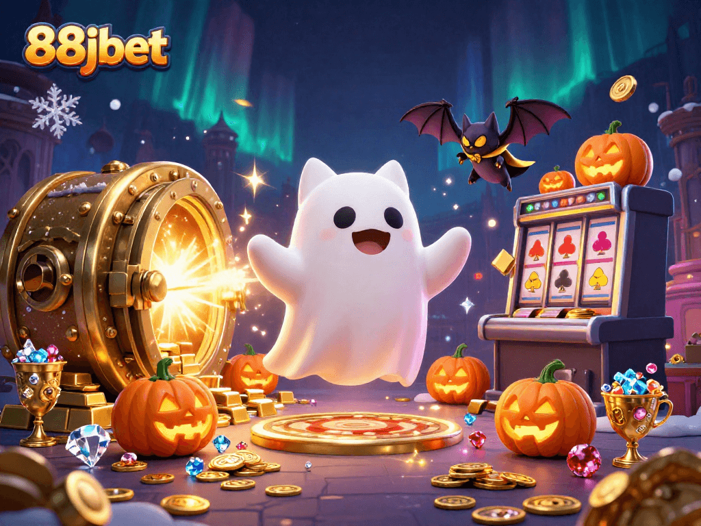Win big at 88jbet with a vibrant haunted casino scene featuring a ghost cat and treasure galore!