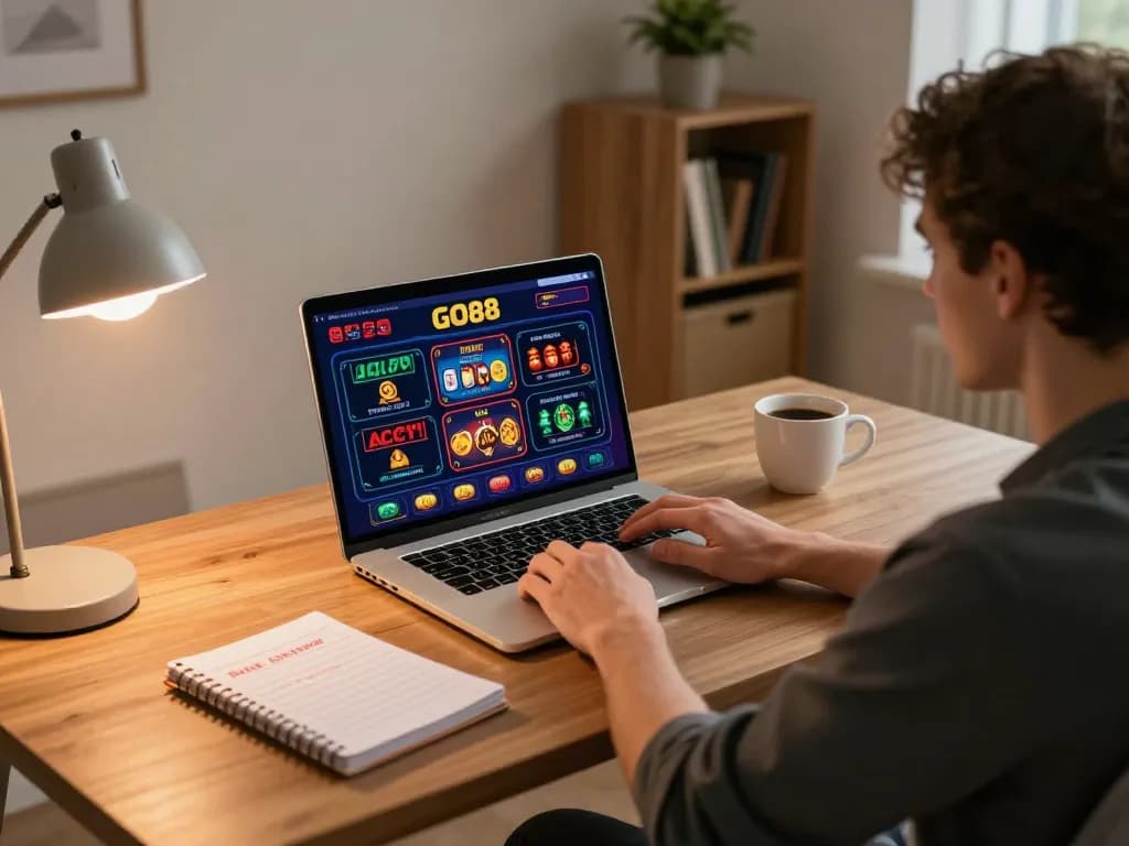 Player engaging in exciting online gaming on the GO88 platform from a cozy home office with laptop and strategy notes.