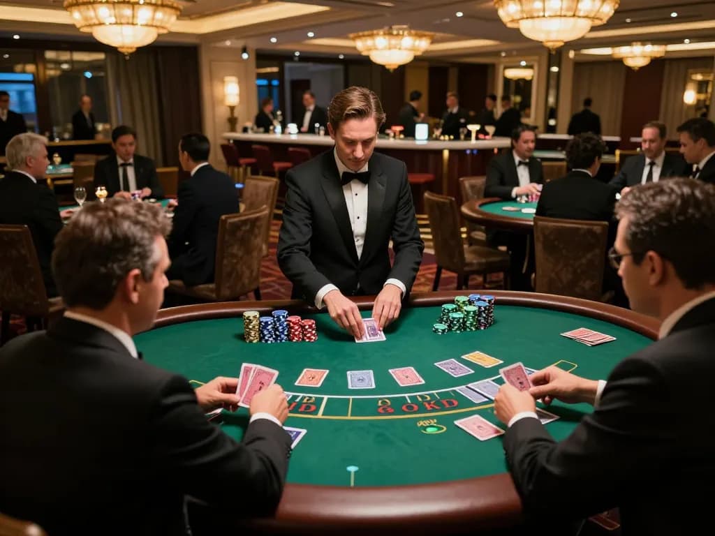 The HIT CLUB establishes an engaging blackjack atmosphere with players deeply focused, stacks of colorful chips, and dealers actively managing the game.