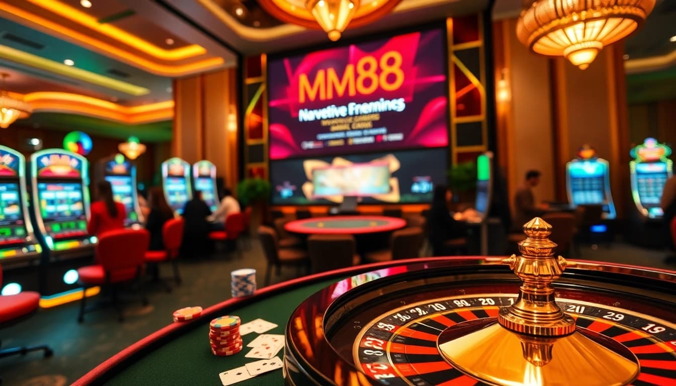 Players engaging with the MM88 casino experience at a vibrant gaming table with cards and chips.