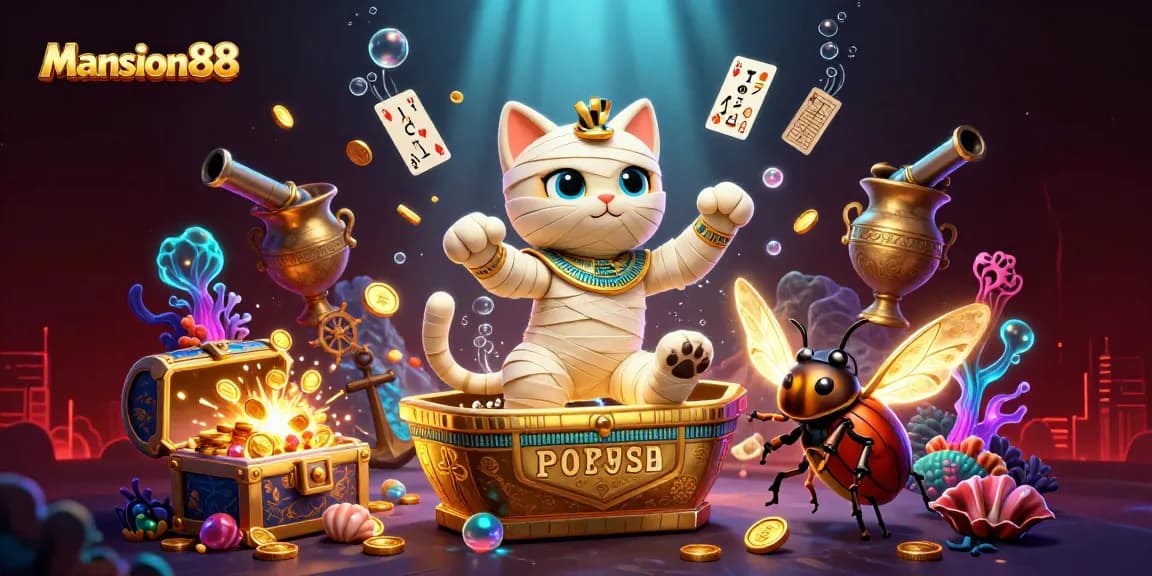 Menangkan permainan di Mansion88 dengan ilustrasi kucing mumi Mesir dan elemen kasino menarik.