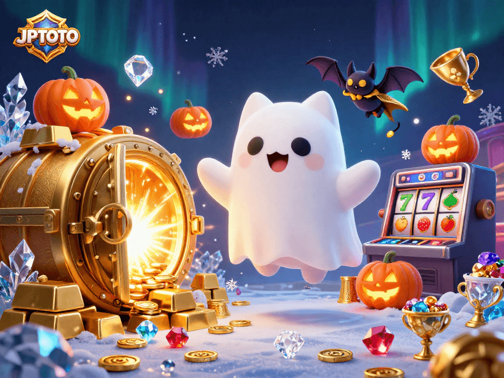 Experience thrilling fun with JPTOTO in this vibrant casino scene featuring characters and gleaming treasures.