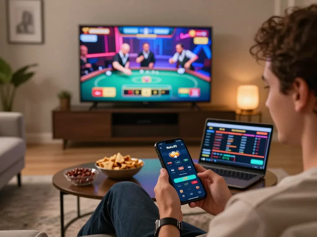 Experience dynamic gameplay with Nohu90 app in a cozy home setting, enjoying online betting action.