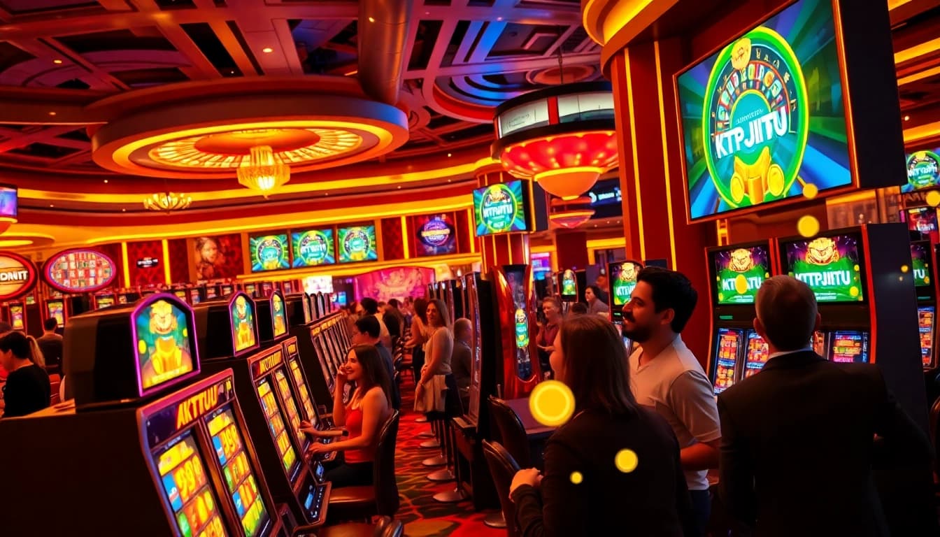 KTPJITU players enjoying vibrant slot machines in a luxurious casino setting.