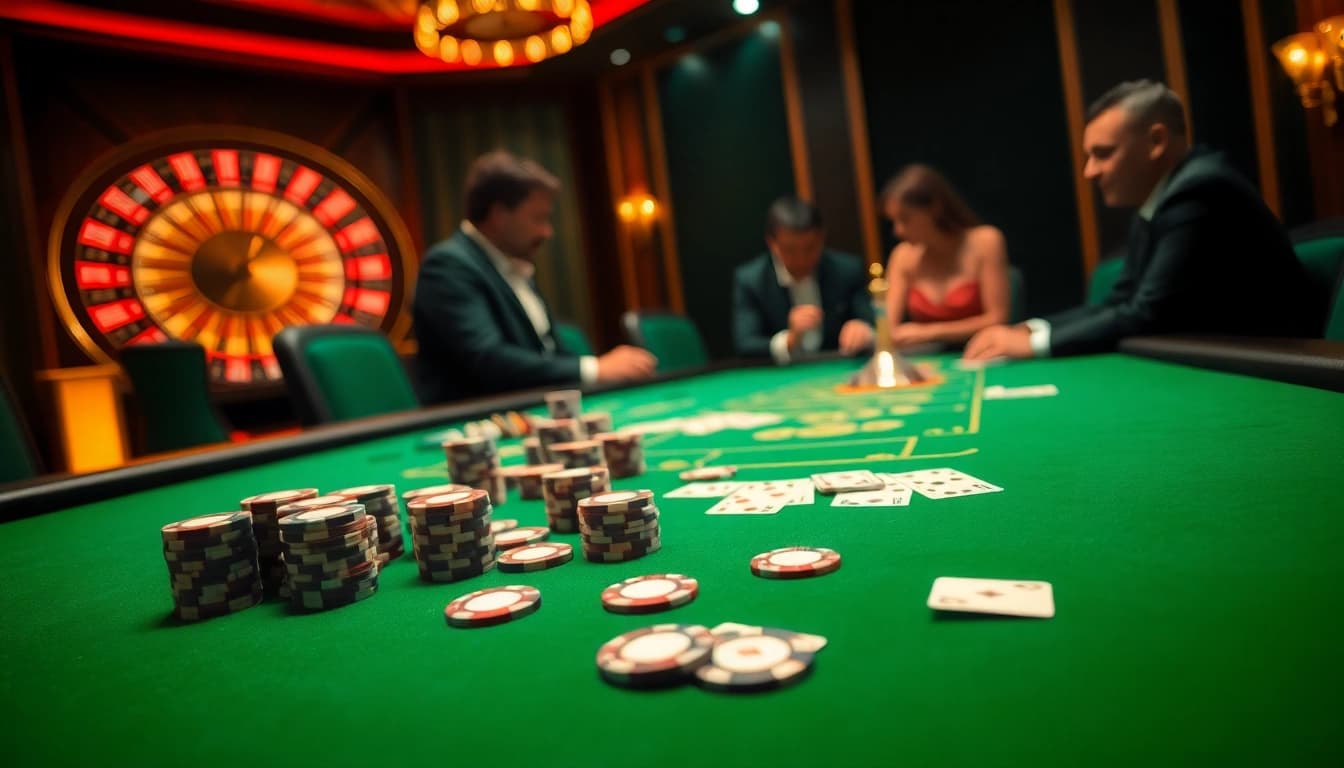 Players enjoying a thrilling game at 88AA's luxurious poker table with chips and cards.
