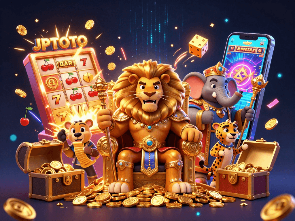 Engage with JPTOTO's thrilling casino world featuring a lion king, elephant advisor, and cheetah messenger.
