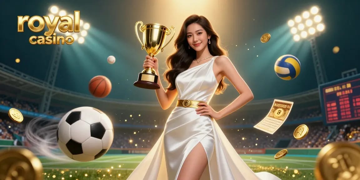 Experience the excitement of royal casino gaming with an energetic illustration of a woman holding a trophy amidst dynamic sports betting elements.