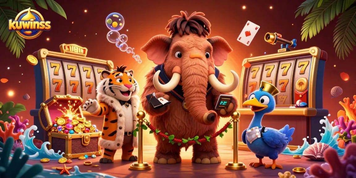 Join kuwinss for a vibrant casino experience with a woolly mammoth checking IDs at the door.