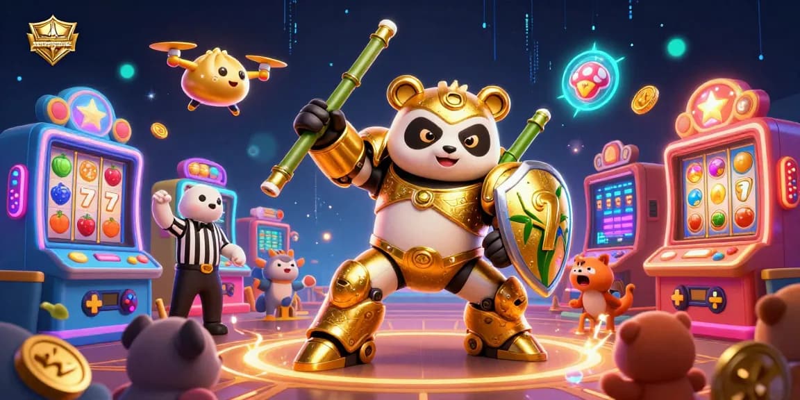 Experience pragmatic casino adventures with a golden panda in an interactive gaming arena featuring slot machines and neon effects.