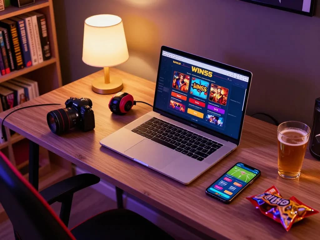 Engaging in online gaming on WIN55 with laptop and smartphone in a cozy home setup.
