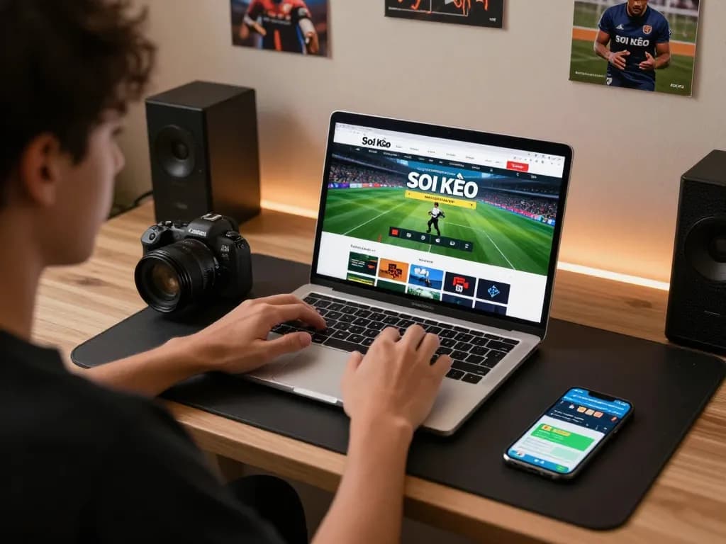 Soi kèo online sports betting setup with laptop and smartphone, highlighting strategic gameplay.