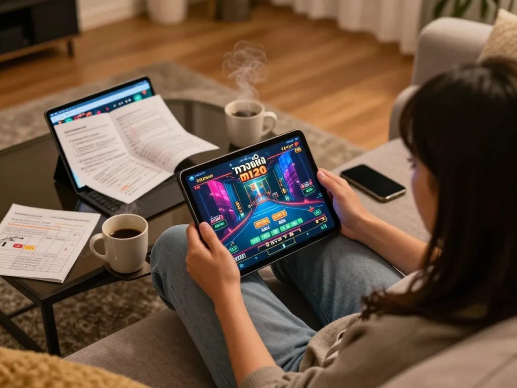 Engaging with ทางเข้า m120 on a tablet in comfortable home gaming setup, showcasing strategic betting notes.