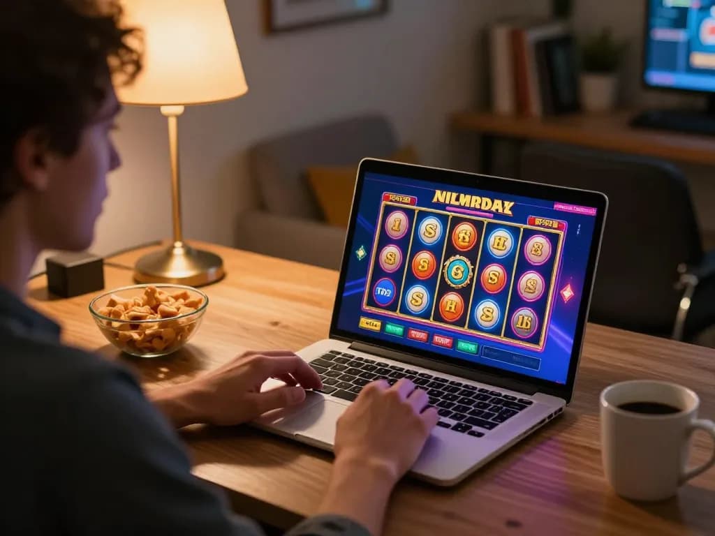 Engaging online gaming scene featuring du88 player's strategy with laptop showing slot game reels, cozy home atmosphere.