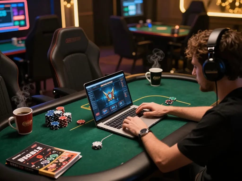 Engaging in online poker gameplay at ok365, showcasing a focused player and cozy entertainment setup.