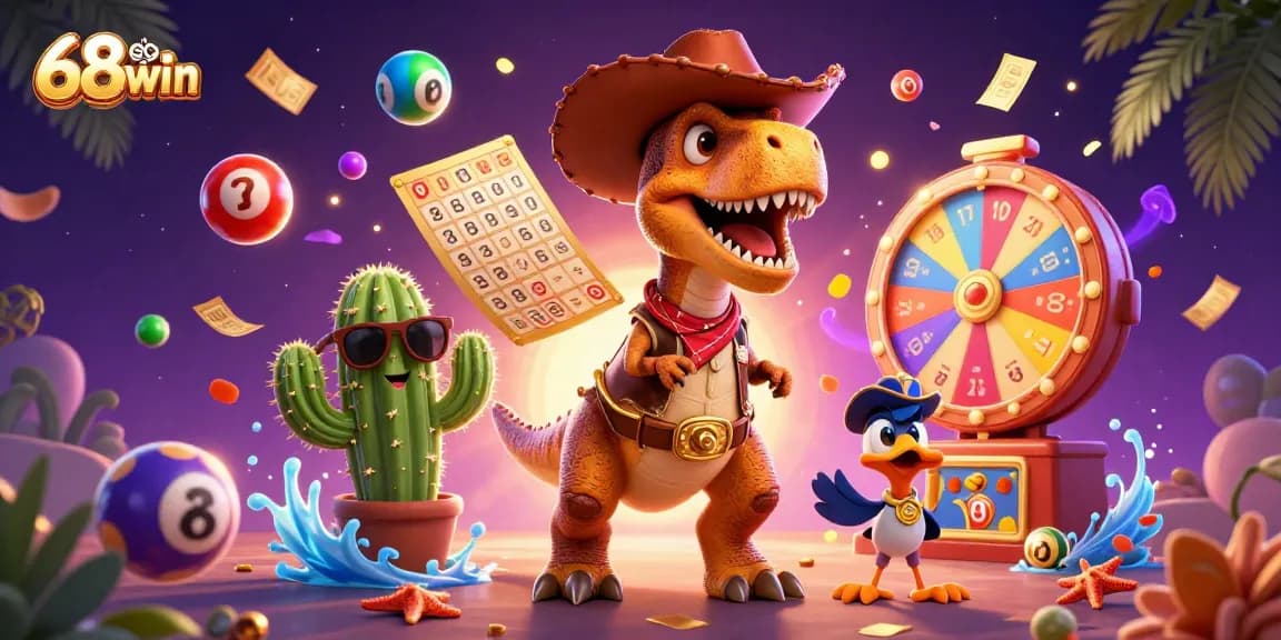 Engage in exciting games at 68win with colorful lottery elements and vibrant 3D characters.