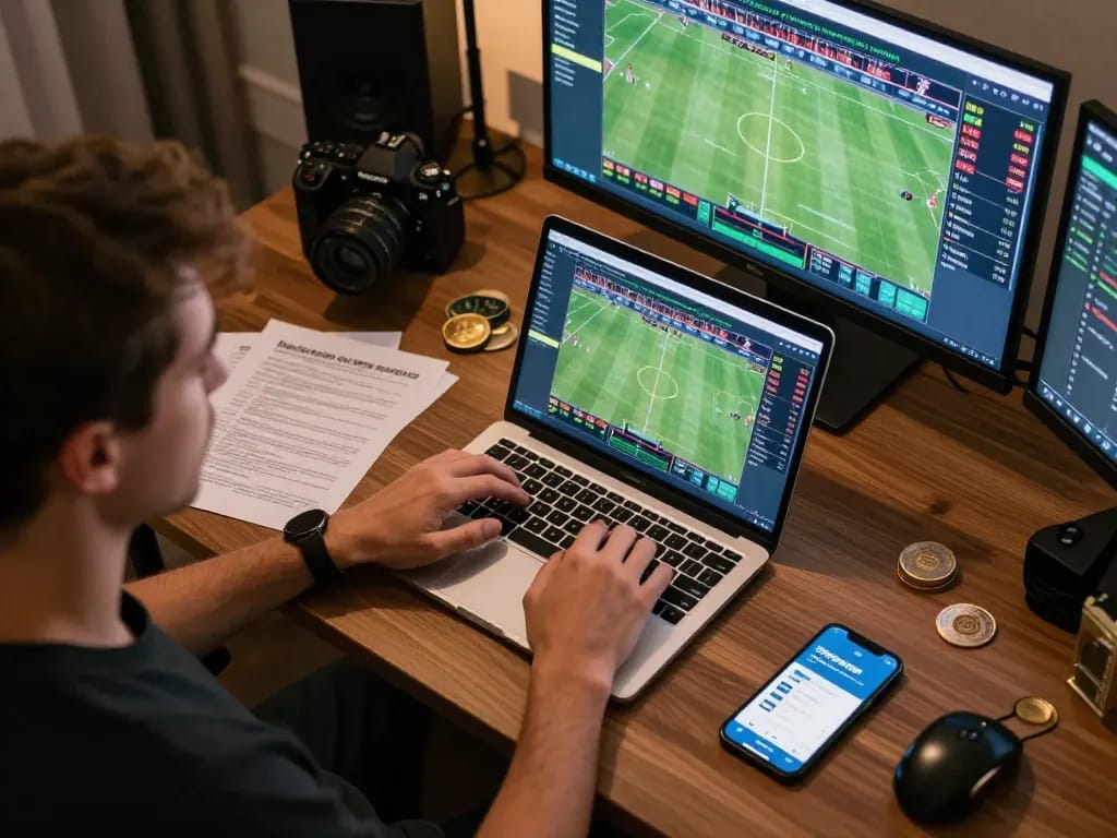 Engaged player using mposport for online sports betting with multiple screens displaying live odds.