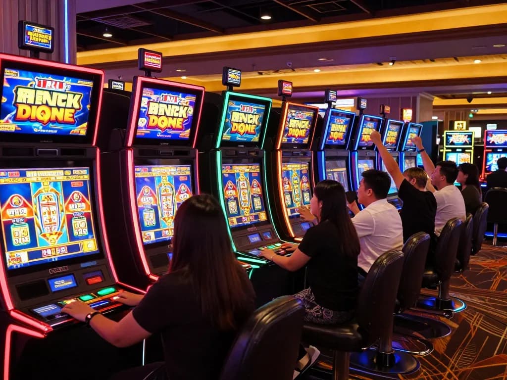 Para pemain MAKTOGEL merayakan kemenangan di lantai kasino yang ramai dengan mesin slot berwarna-warni.
