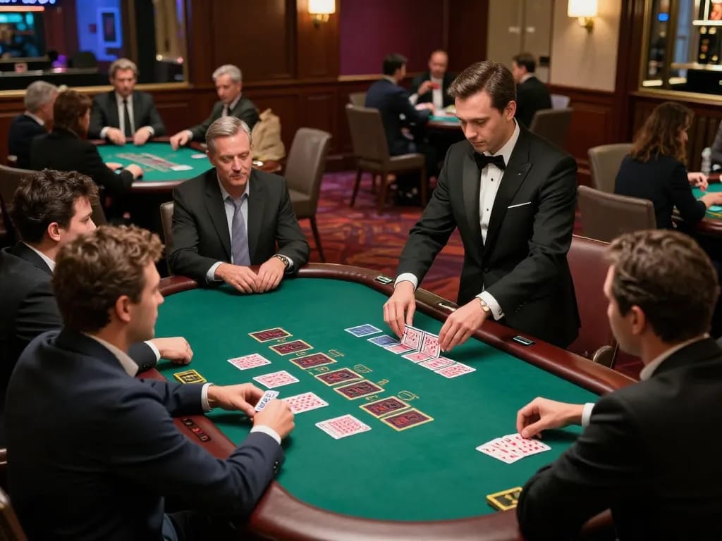 Các người chơi LUCK8 tham gia vào một trò chơi blackjack hấp dẫn với một dealer chuyên nghiệp trong không gian sòng bạc sôi động