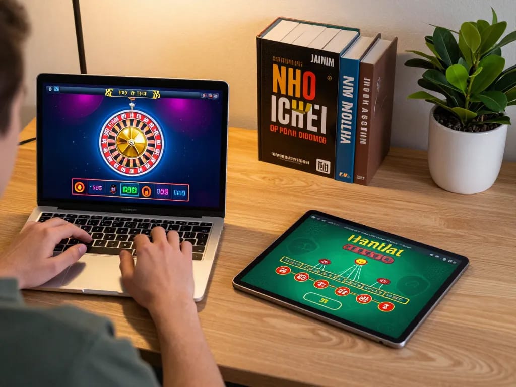 mm88 player engaging in strategic gameplay with laptop and tablet in a cozy gaming setup