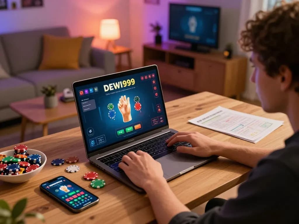Pemain membuka strategi menang dewi999 di pengaturan permainan rumah dengan laptop dan makanan ringan