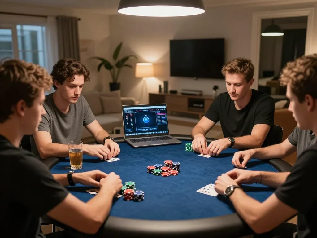 Friends enjoying a strategic poker night at home with vvvwin online gaming interface visible.