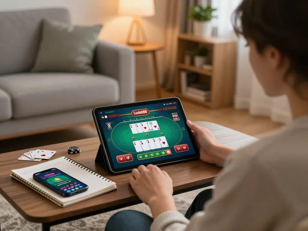 Lode88 online gaming on a tablet while analyzing betting strategies in a cozy home setting.
