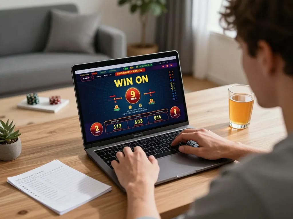 Player enjoying sun win online gaming session at home desk with laptop and betting strategy notes.