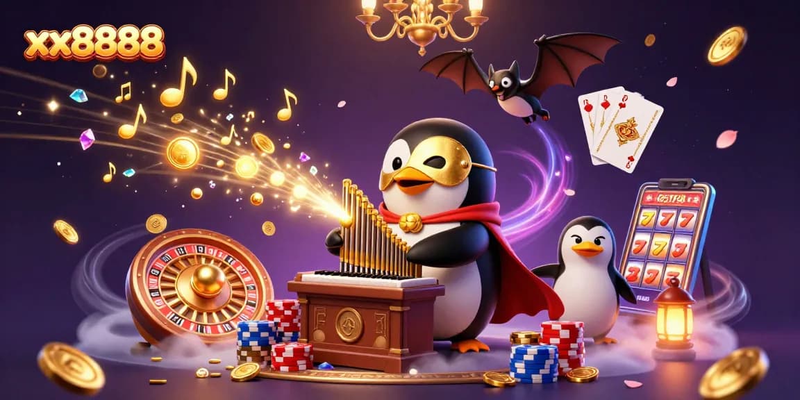 Experience the thrills of xx8888 with a playful penguin organist amidst cascading wins and rich casino visuals.