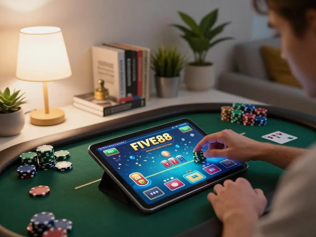 Engaging in a FIVE88 online poker game while managing chips and strategy notes at home