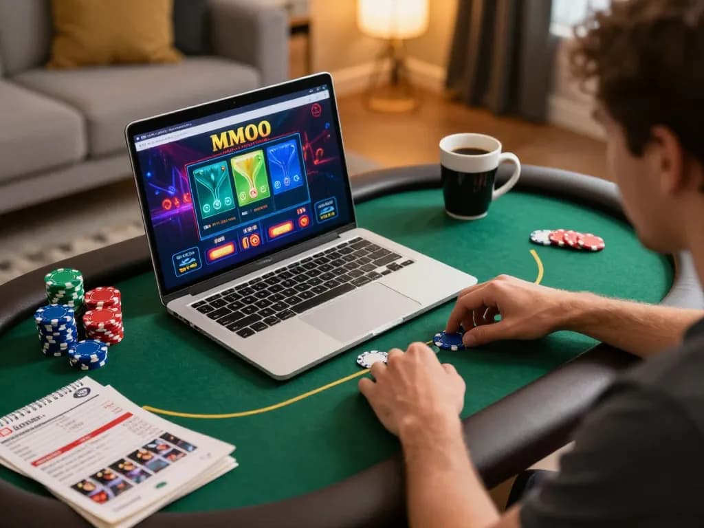 Engaged player strategizing on MMOO online casino from home setup, chips and notes visible