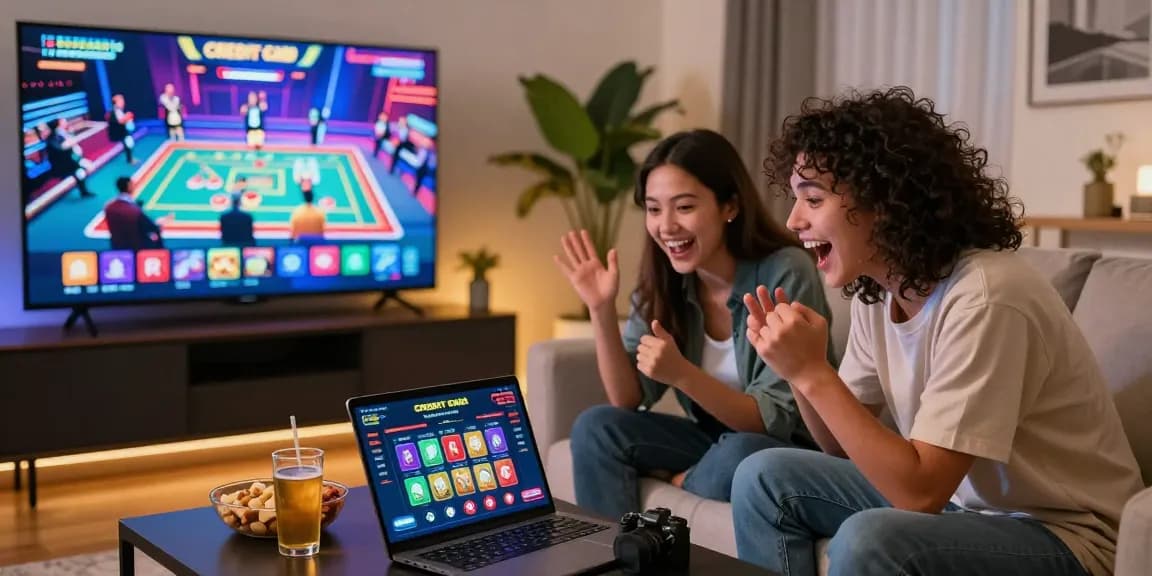 Enjoying a vibrant gaming session at a credit card casino in a stylish living room, showcasing excitement and ambiance.