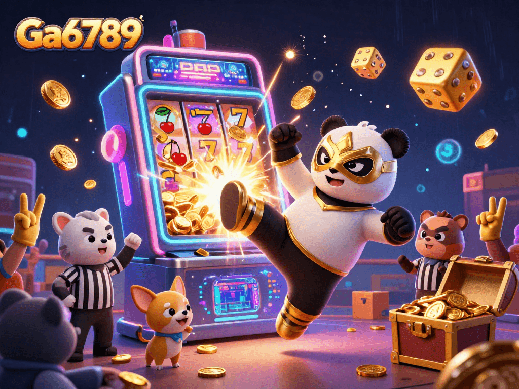 Engage in thrilling gameplay with Ga6789's 3D panda wrestler amid slot machines and casino excitement.