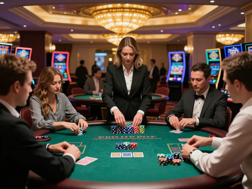 Engaged players at a blackjack table with strategic chips and cards in the vibrant links platform.