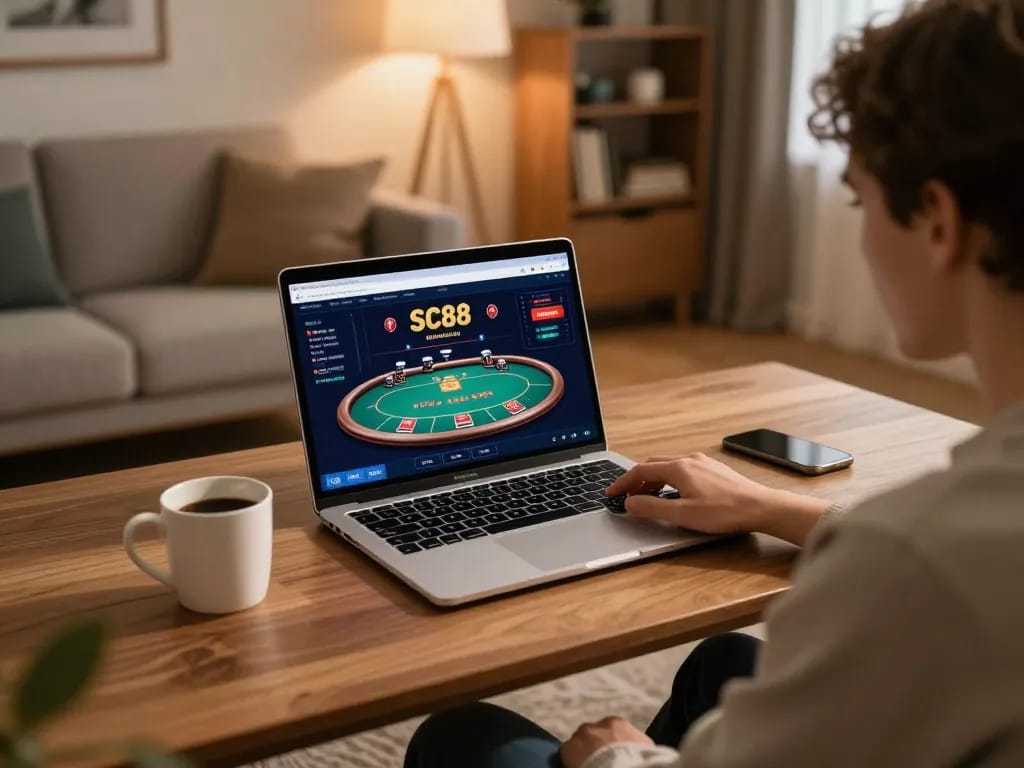 Engaging with the SC88 online casino setup from home, showcasing strategy and comfort.
