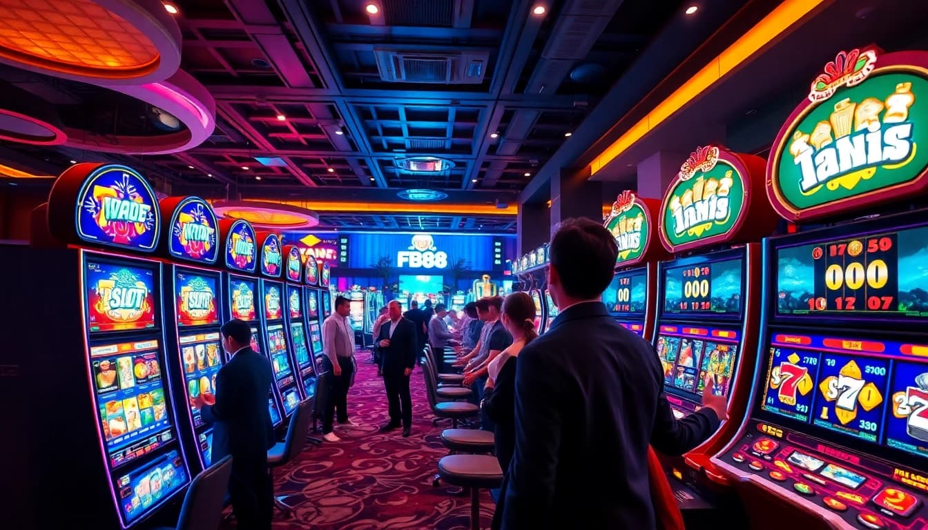 Exciting FB88 slot gaming scene with players, vibrant lights, and modern machines.