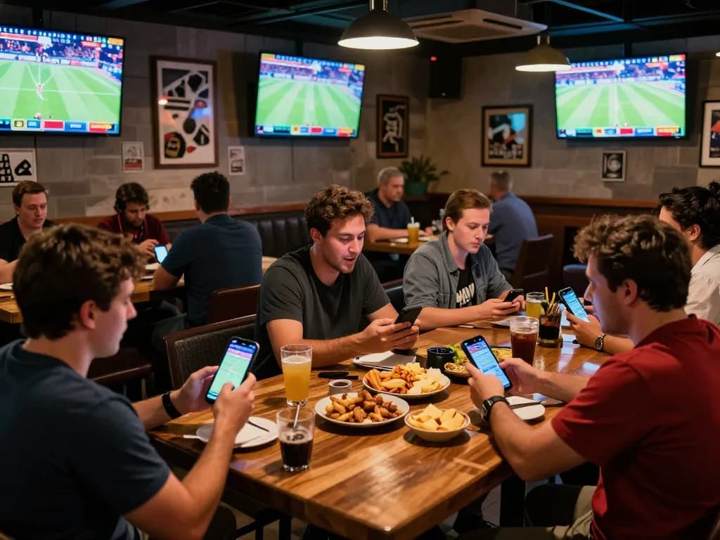 UU88 users engaged in live sports betting at a vibrant bar, showcasing mobile betting excitement.