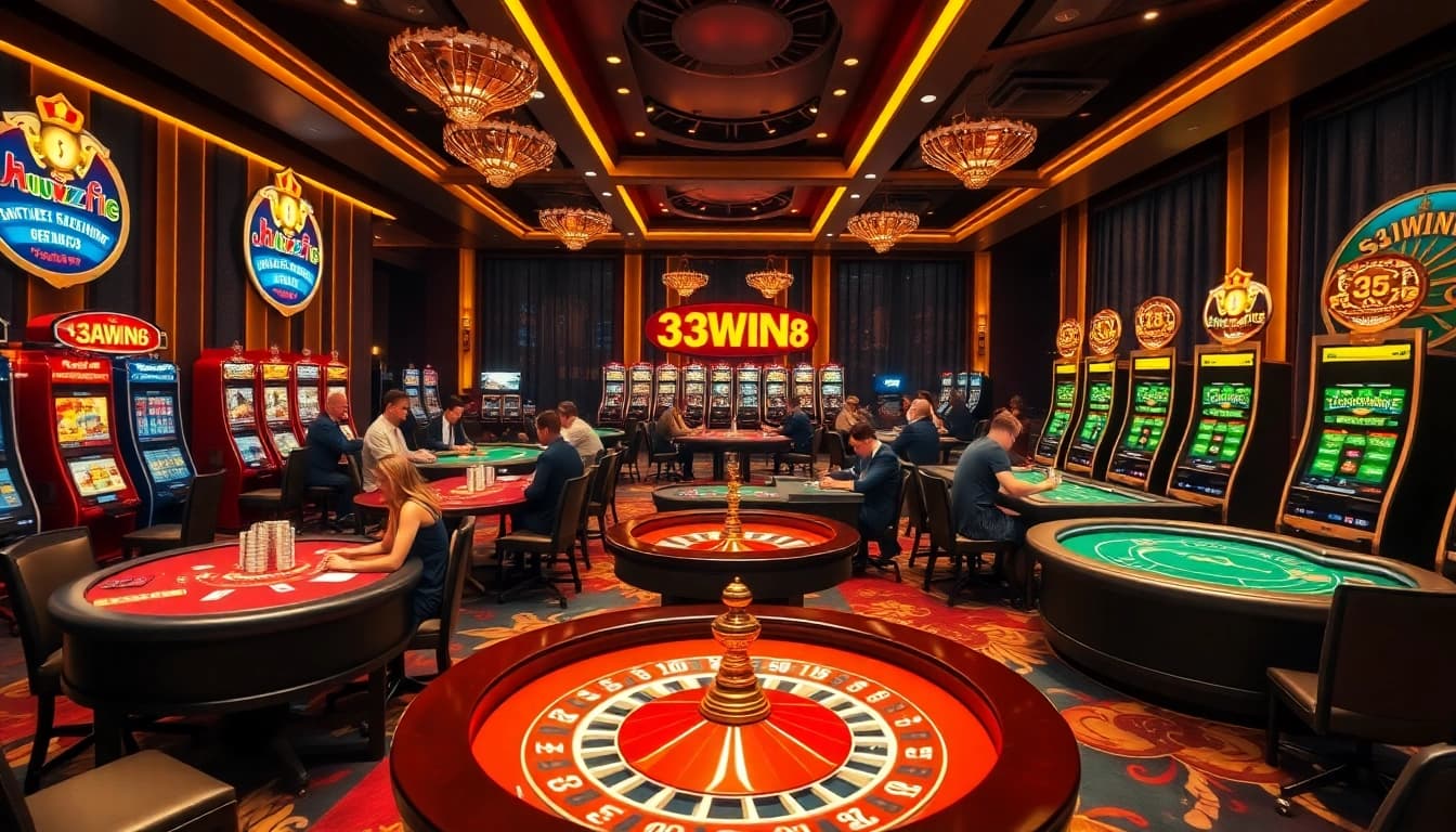 Experience high-stakes gaming at https://33win68.io/ with a vibrant casino atmosphere featuring poker tables and slot machines.