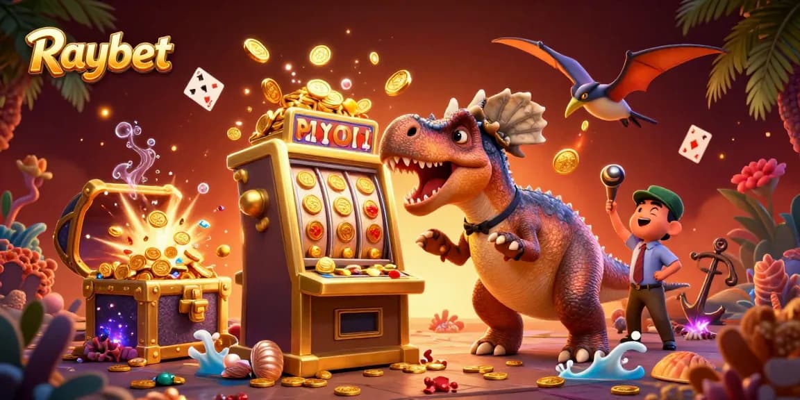 Raybet casino features a pachycephalosaurus at a winning golden slot machine amid flying coins.
