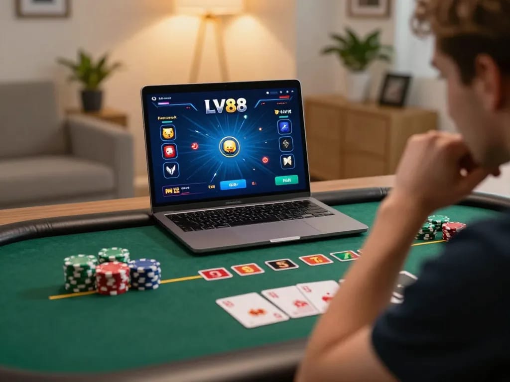 Player engaging with LV88 online casino interface, showcasing strategic gameplay in a cozy home setting