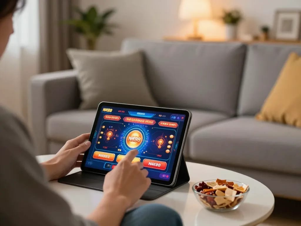 Player engaging with NK88 on a tablet in a cozy home gaming environment, demonstrating responsible gaming