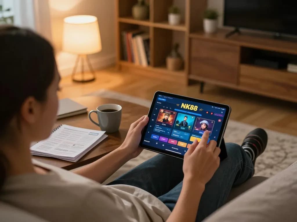 Engaging with NK88 gaming platform on a tablet in a cozy home setup.