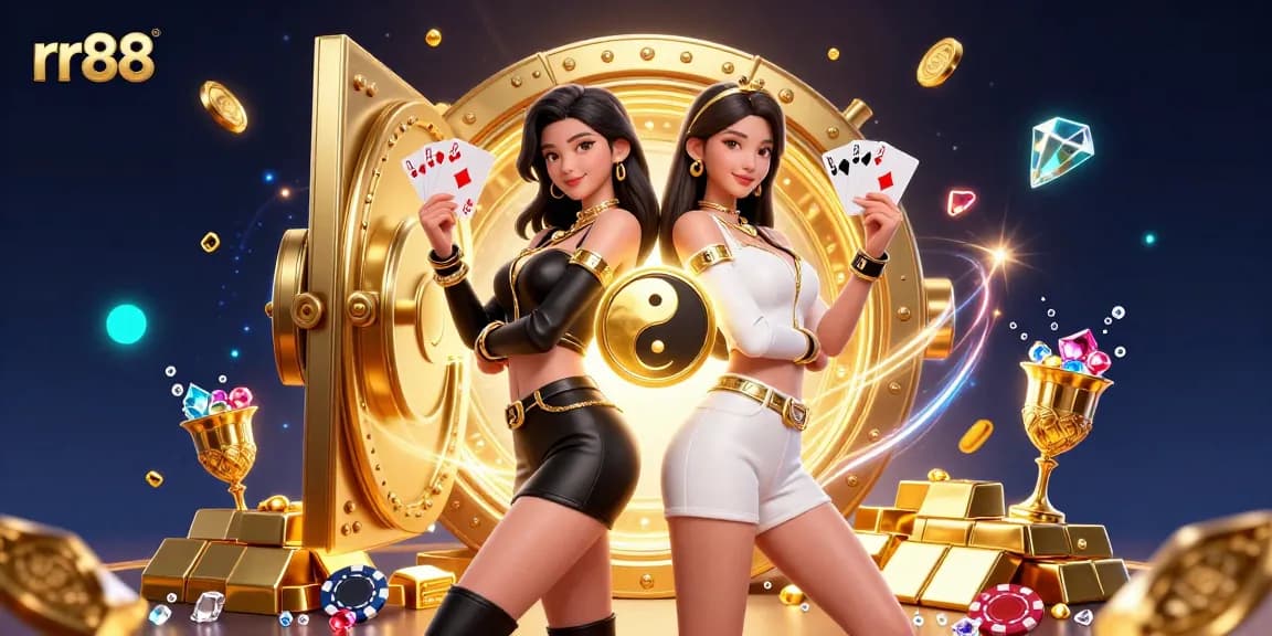 Experience the excitement of rr88 casino with stunning illustrations of twin Asian women and dynamic game elements.