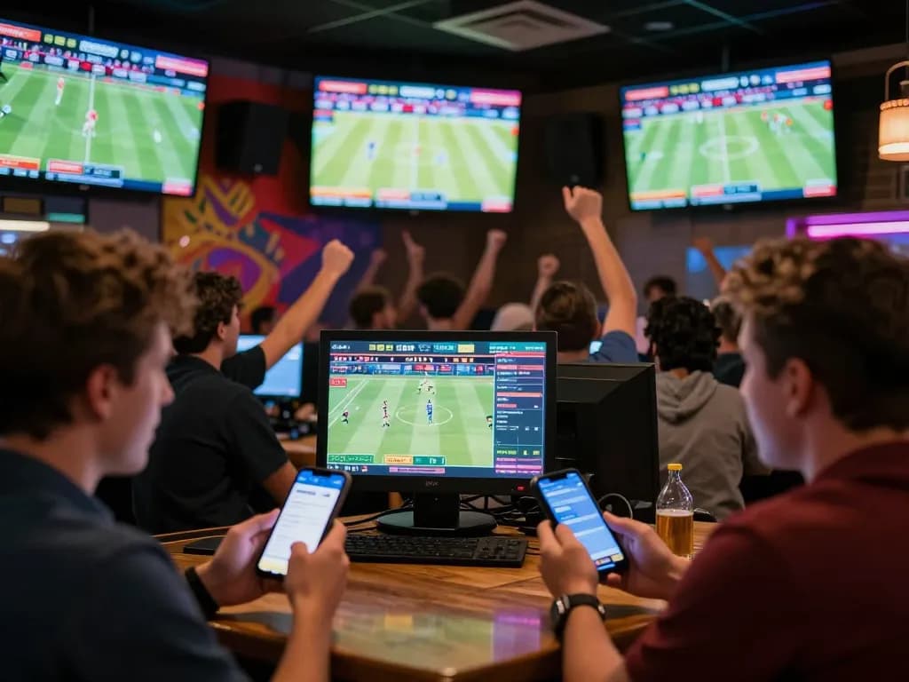 Sports fans placing bets on lu88 app during a thrilling game, capturing excitement of live betting.