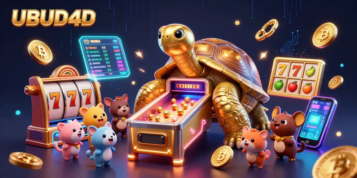 Experience thrilling wins with UBUD4D as you spin for jackpots amidst vibrant slot games and glowing crypto elements.