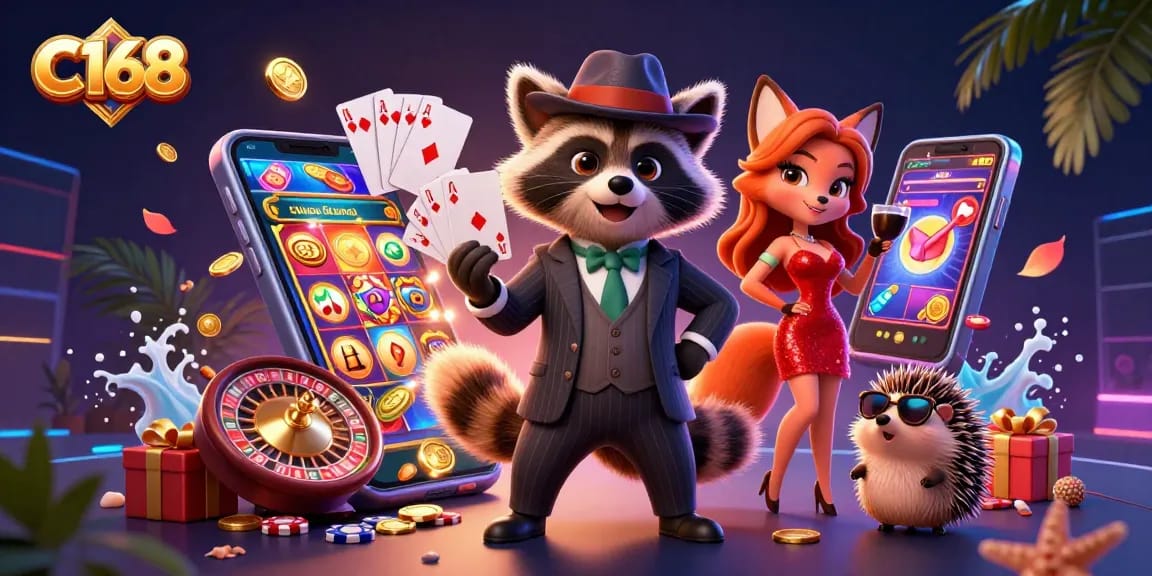 Playing exciting slots at C168's casino with vibrant characters and dynamic game elements.