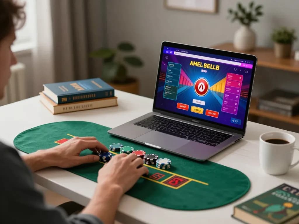 AW8 player engaging in live dealer blackjack on a laptop with colorful chips and a cozy atmosphere.