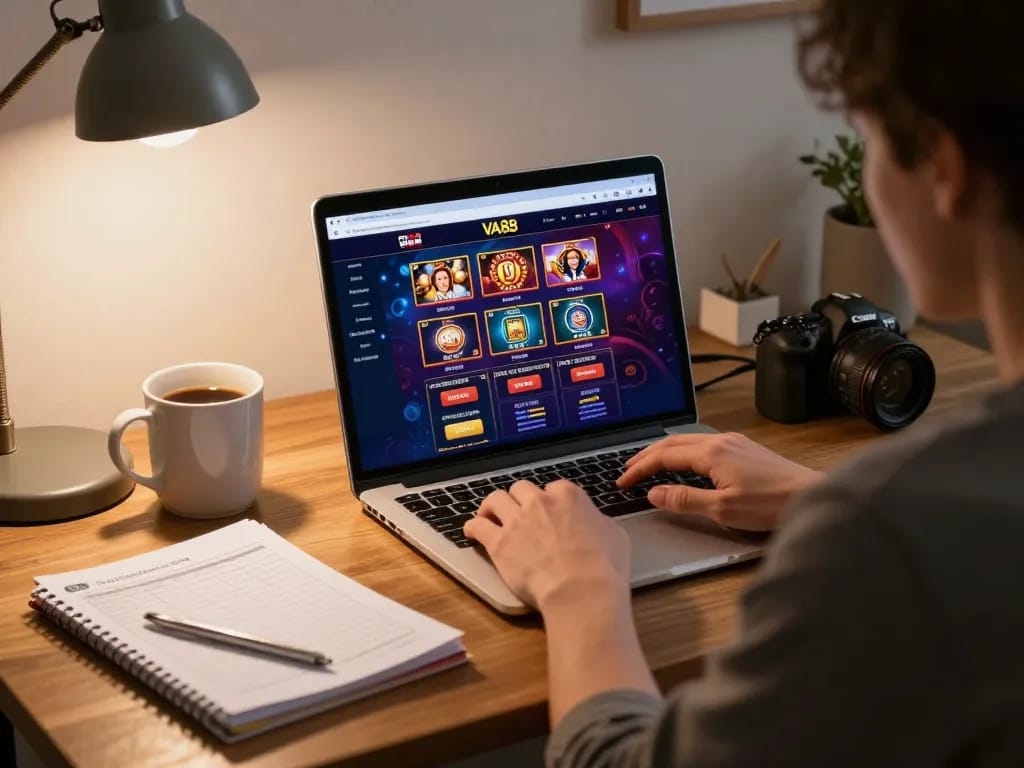 Engaged player using VA88 online casino from a cozy home office, focusing on strategy.