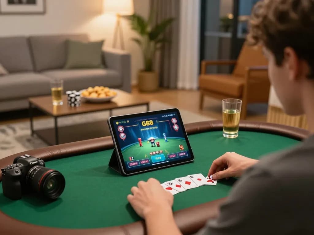 Engaging in strategic gameplay on game go88 with lively home gaming scene, showcasing a tablet display.
