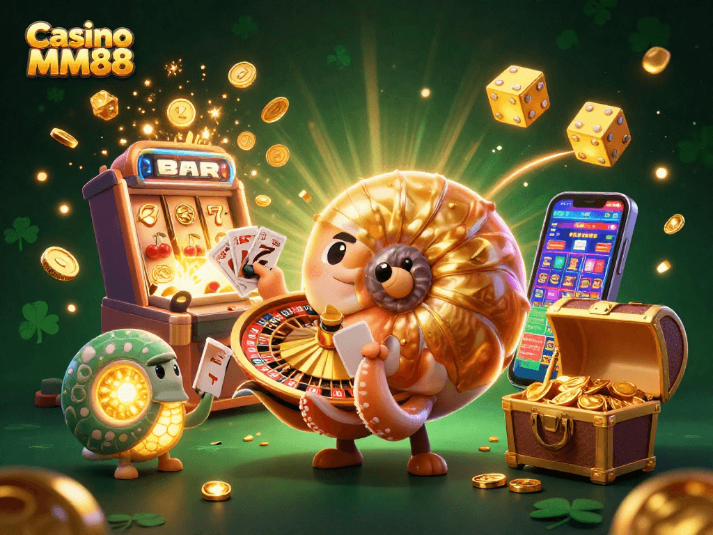 Engage with Casino MM88 in a vibrant 3D scene filled with excitement and gambling elements.