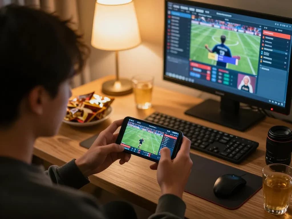 Engaged in soi keo nha cai betting, a player analyzes live sports odds on smartphone during an exciting session.